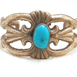 Native American Sandcast Sterling Silver Turquoise Cuff Bracelet